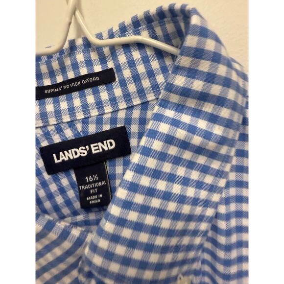 Lands’ End Shirt Men's L 16 Blue Plaid Button Up 100% Cotton Short Sleeve - Picture 4 of 5